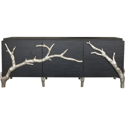 Branch Cabinet by Global Views in black distressed lacquer, polished aluminum. Made from unique in a transitional style.