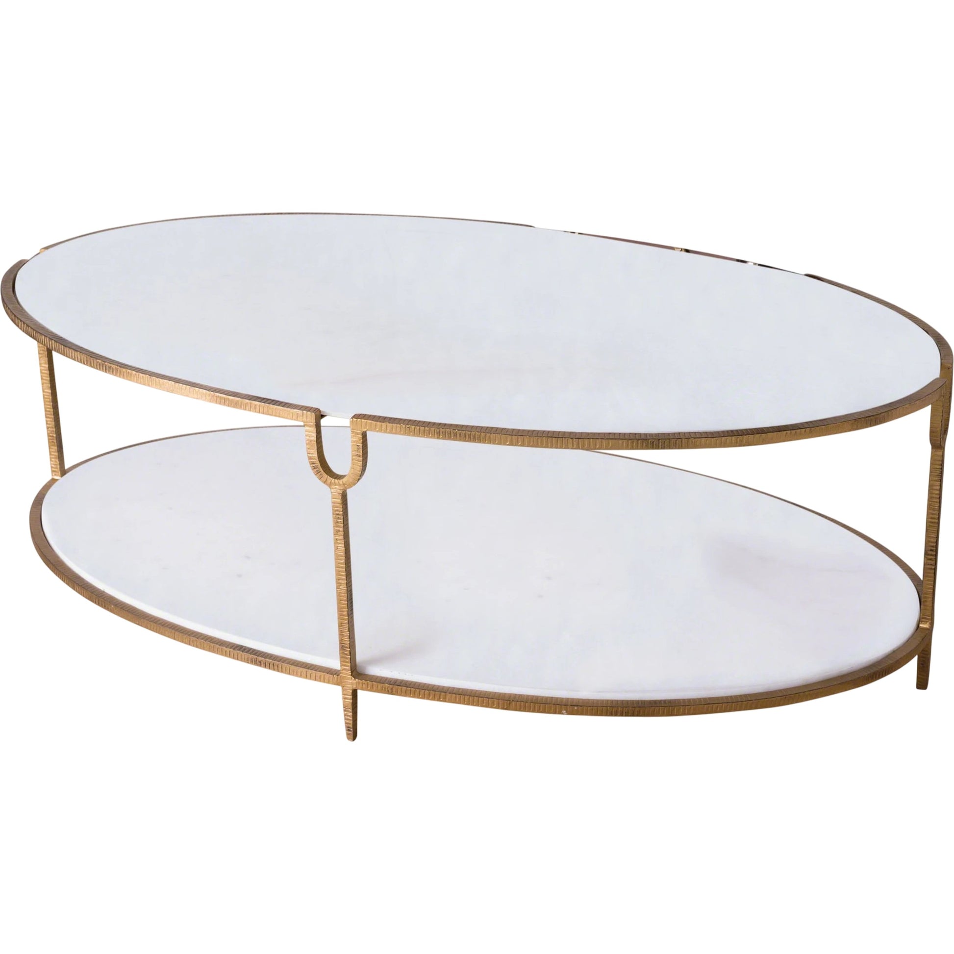 Iron and Stone Coffee Table by Global Views in antique gold. Made from iron, honed white marble in a transitional style.