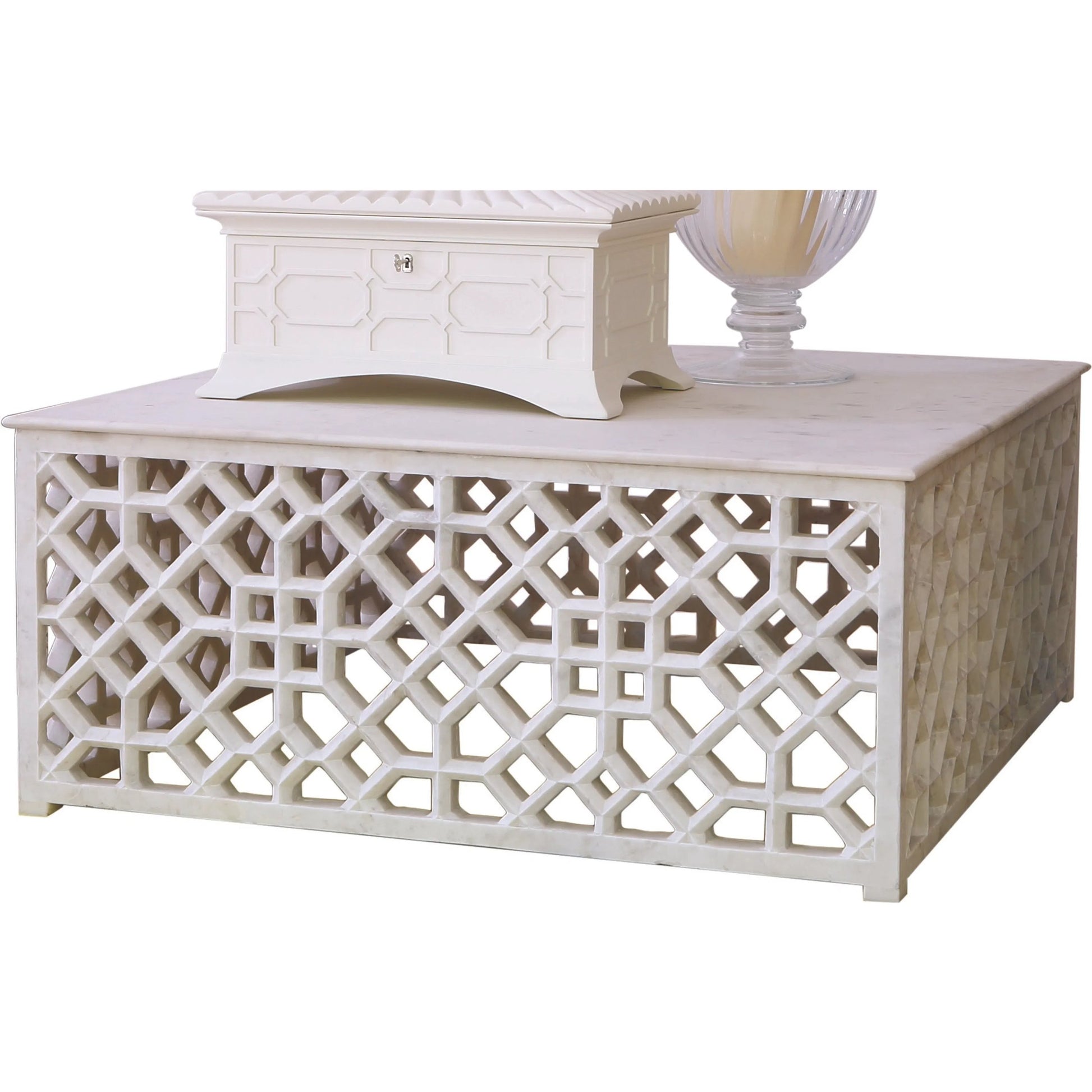 Fret Cocktail Table by Global Views. Made from hand carved honed white marble in a transitional style.