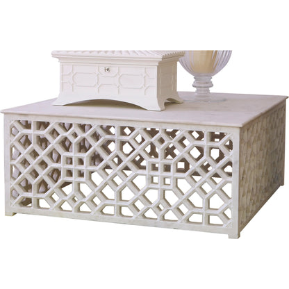 Fret Cocktail Table by Global Views. Made from hand carved honed white marble in a transitional style.