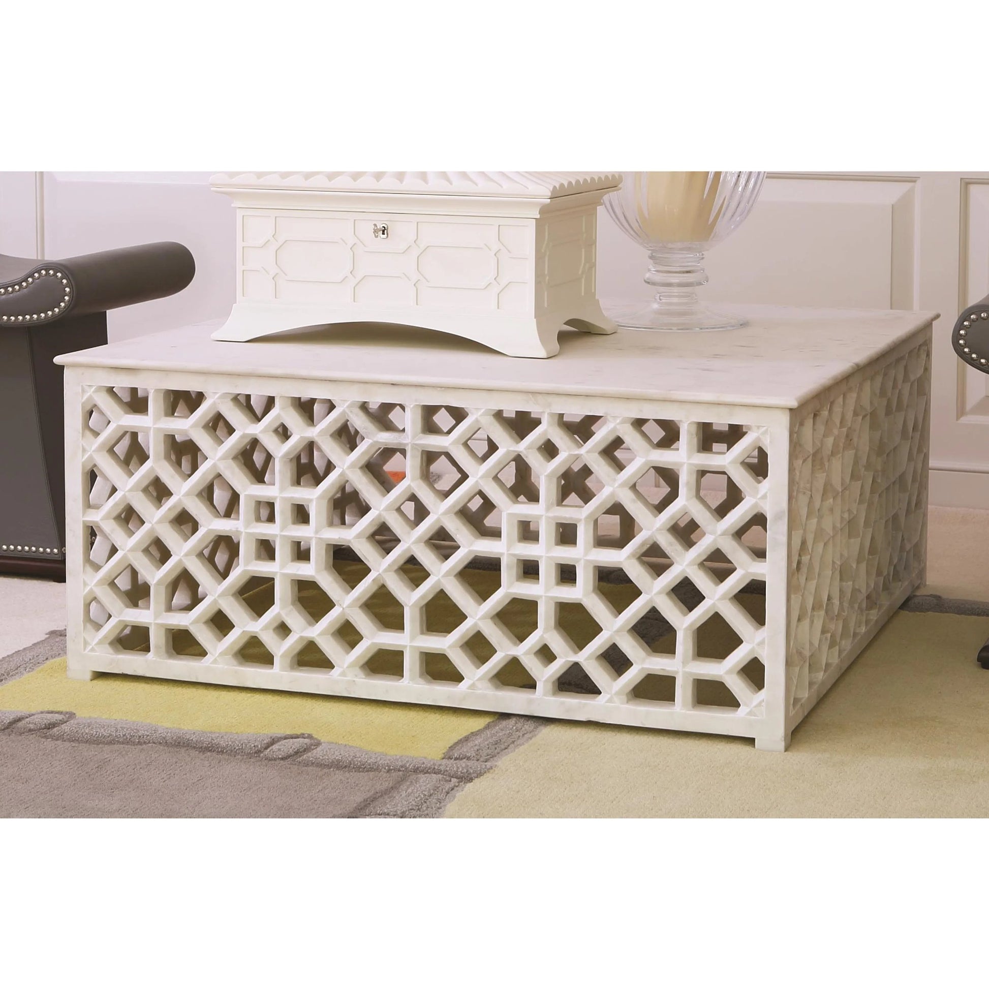 Fret Cocktail Table by Global Views. Made from hand carved honed white marble in a transitional style.