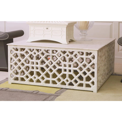 Fret Cocktail Table by Global Views. Made from hand carved honed white marble in a transitional style.