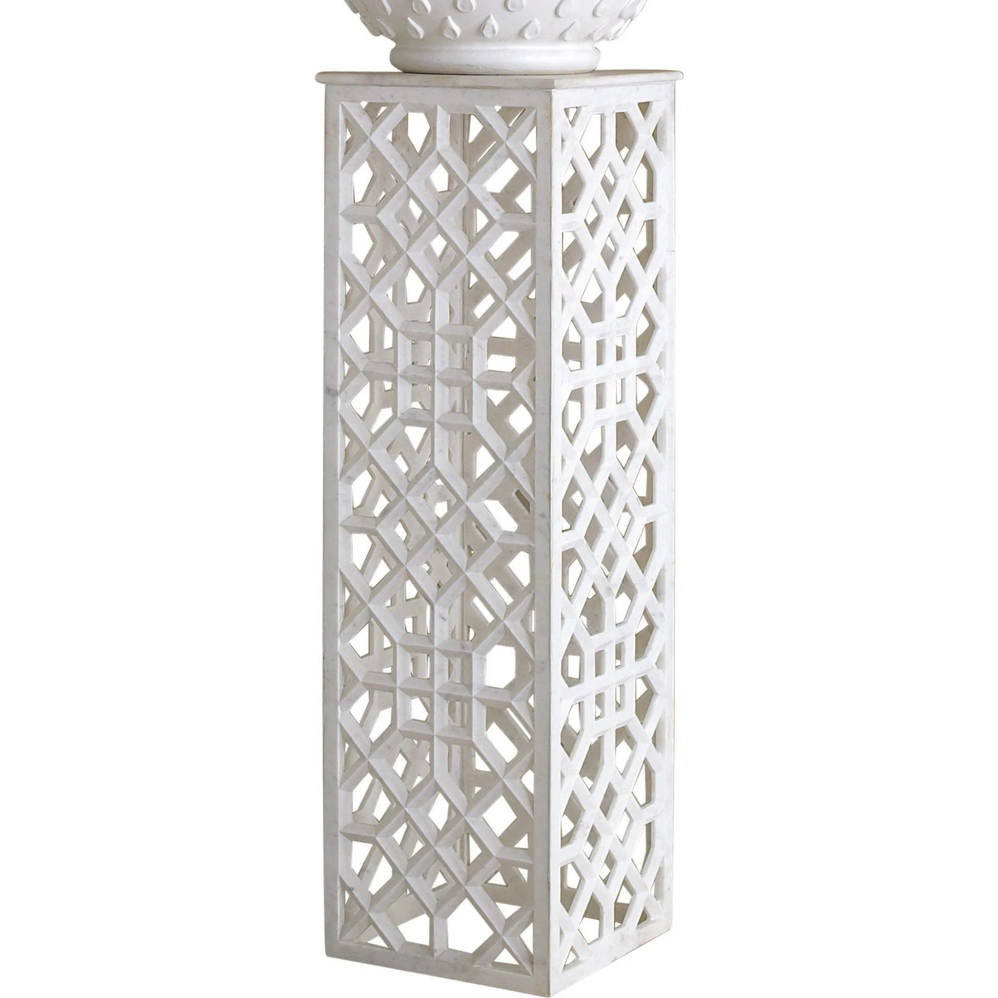 Fret Pedestal by Global Views. Made from hand carved honed white marble in a transitional style.