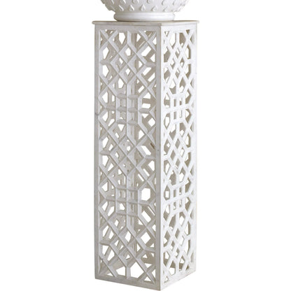 Fret Pedestal by Global Views. Made from hand carved honed white marble in a transitional style.