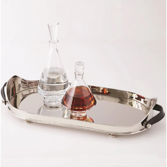 Drinks Tray with Handles by Global Views in nickel. Made from brass, leather in a transitional style.