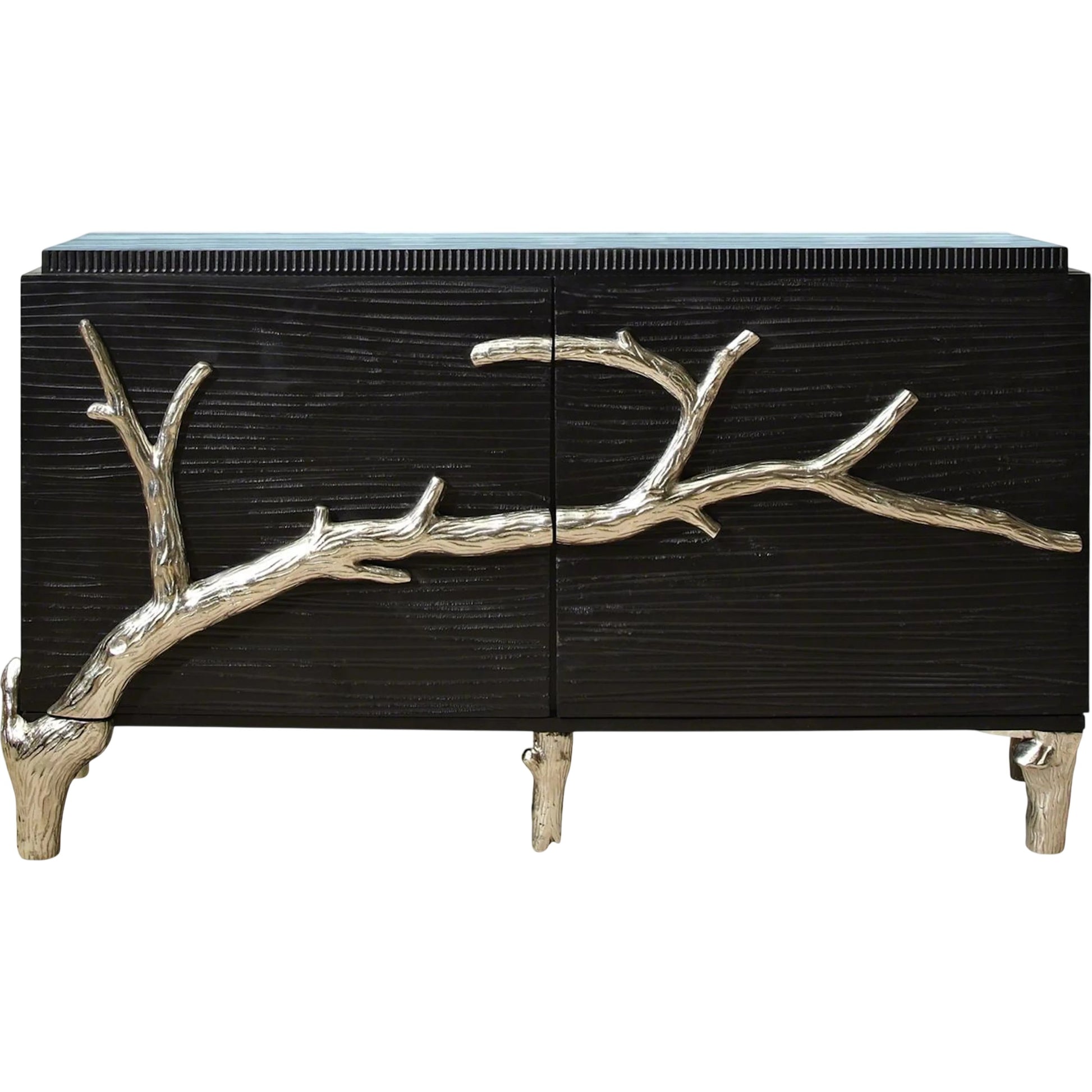 Branch Cabinet by Global Views in black distressed lacquer, polished aluminum. Made from unique in a transitional style.