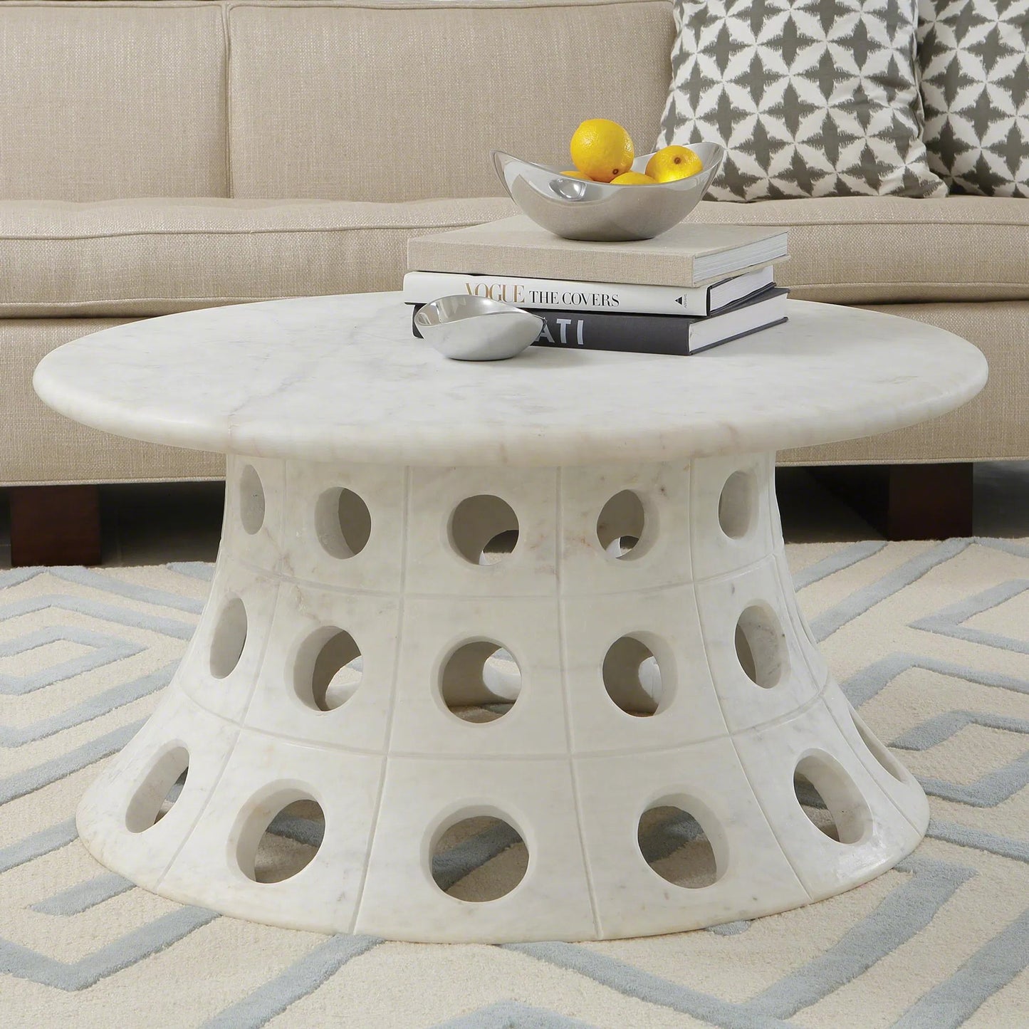 004 SR-702157 | Lifestyle | Taper Circle Cocktail Table by Global Views. Made from white honed marble in a eclectic & global style.