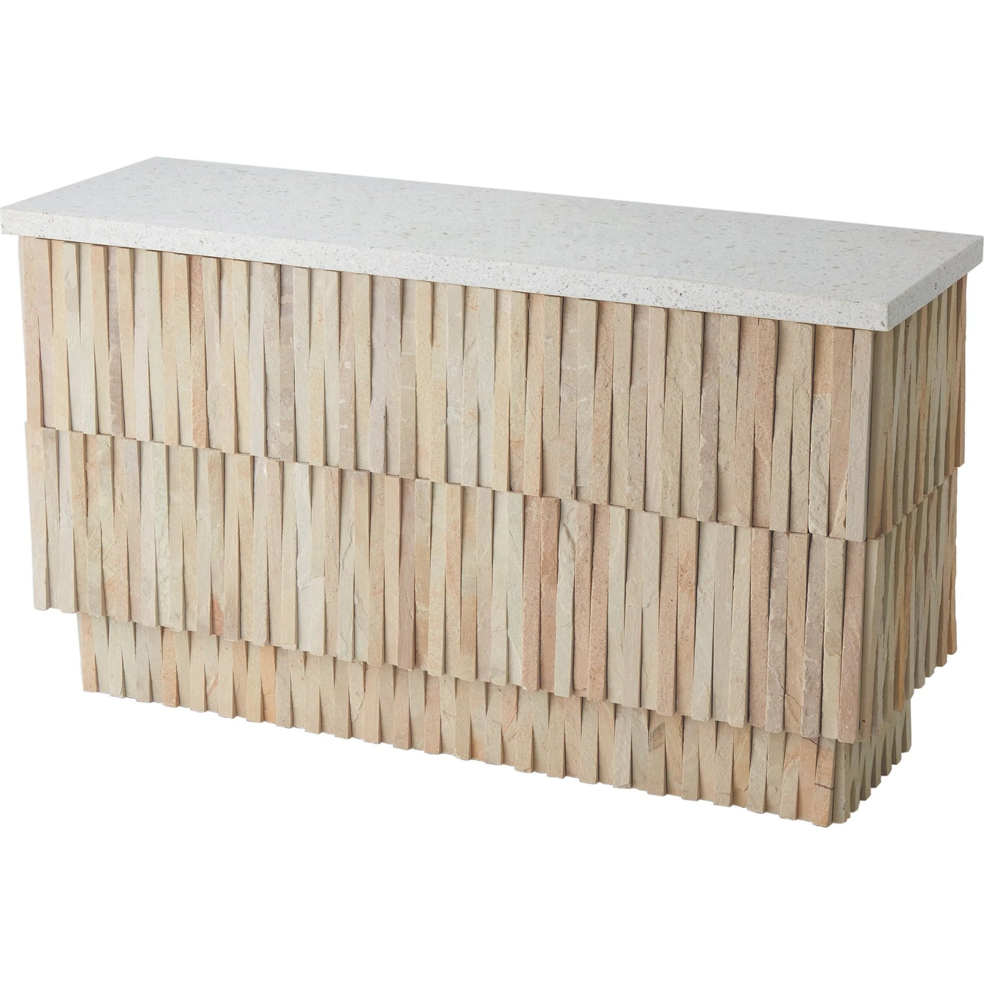 Teeter Totter Console by Global Views. Made from hand sculpted chiseled stone from rajasthan, terrazzo top in a coastal style.