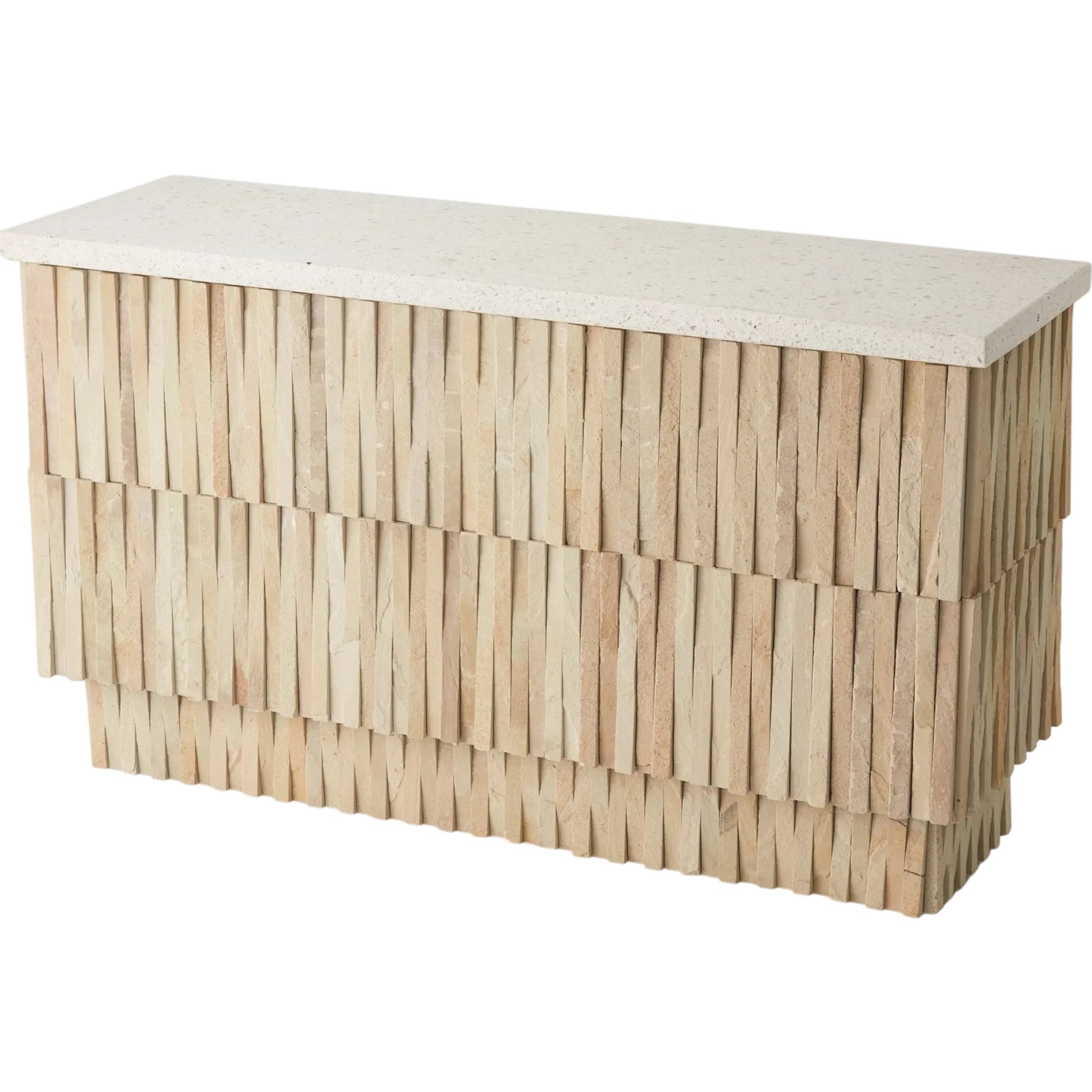 Teeter Totter Console by Global Views. Made from hand sculpted chiseled stone from rajasthan, terrazzo top in a coastal style.