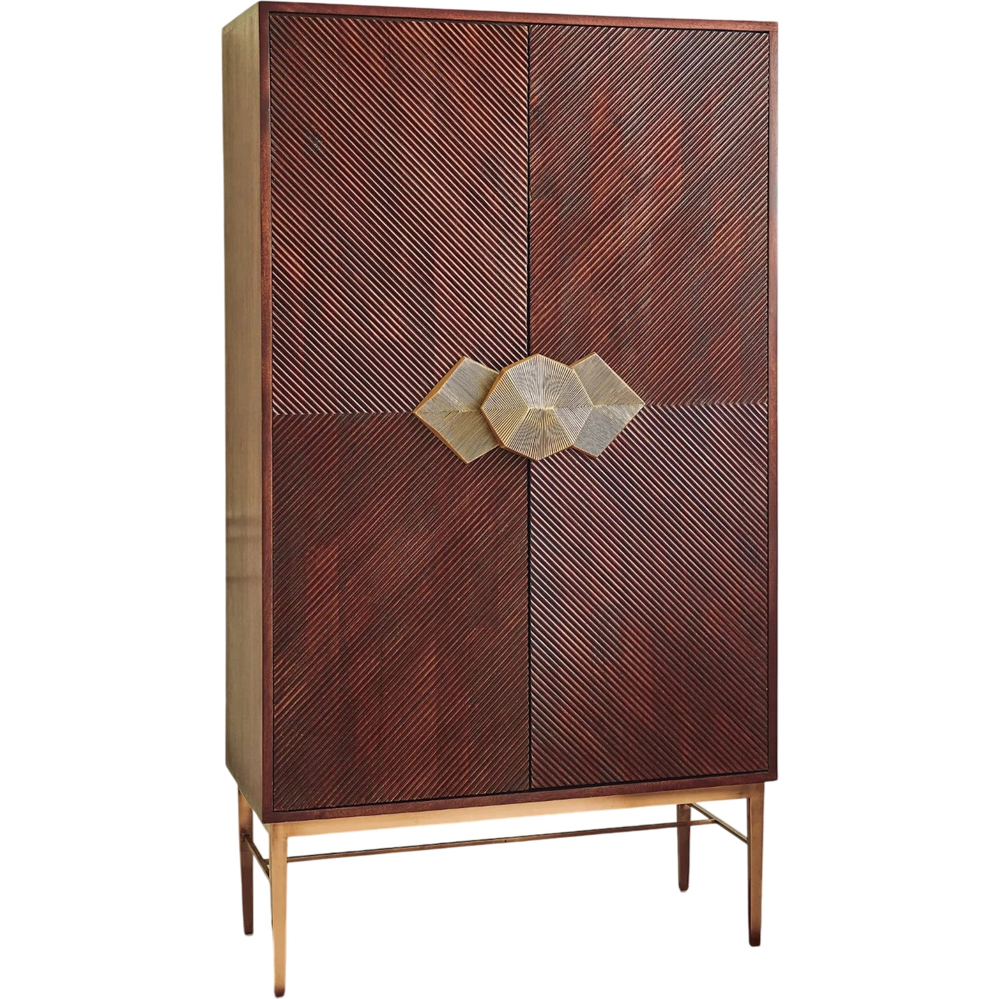 Galapagos Bar by Global Views in walnut, antique brass. Made from mango, brass, glass in a transitional style.