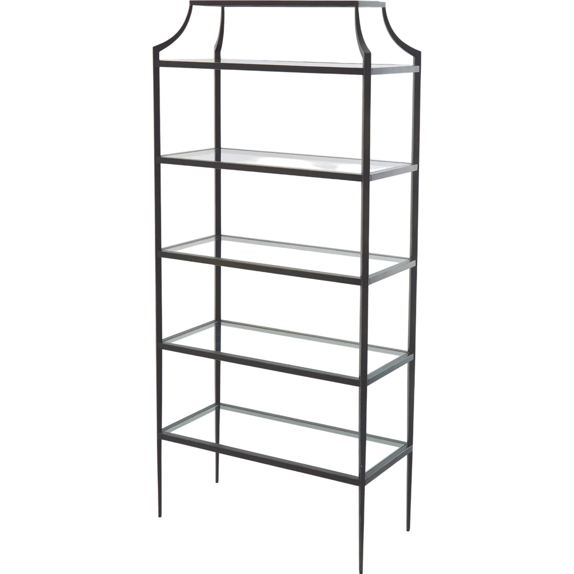 Lescot Etagere by Global Views in dark gunmetal bronze powder coat, gold edges, highlights. Made from iron, tempered glass in a transitional style.