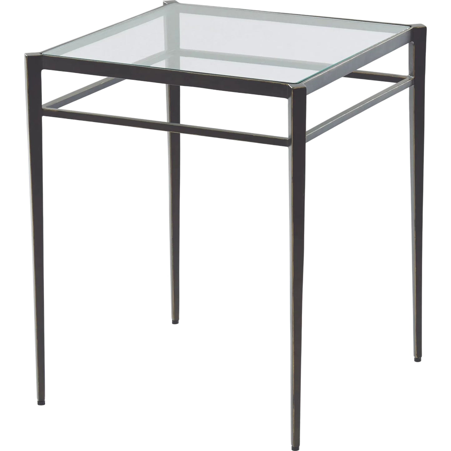 001 SR-701532 | Primary Silo | Lescot Side Table by Global Views in dark gunmetal bronze powder coat, gold edges, highlights. Made from iron, tempered glass in a modern style.
