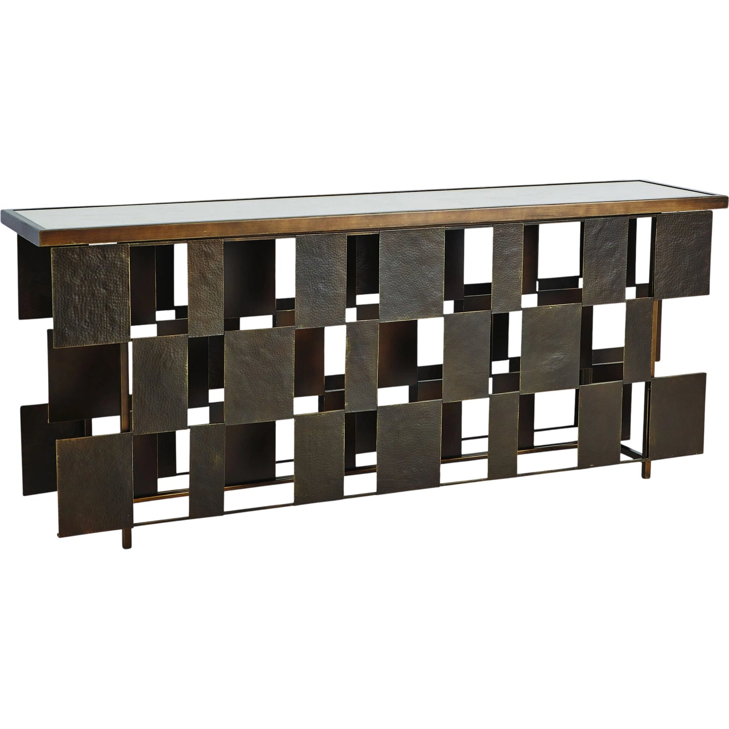000 SR-701527 | Primary Silo | Layered Console by Global Views in bronze, gold. Made from iron, white honed marble in a eclectic & global style.