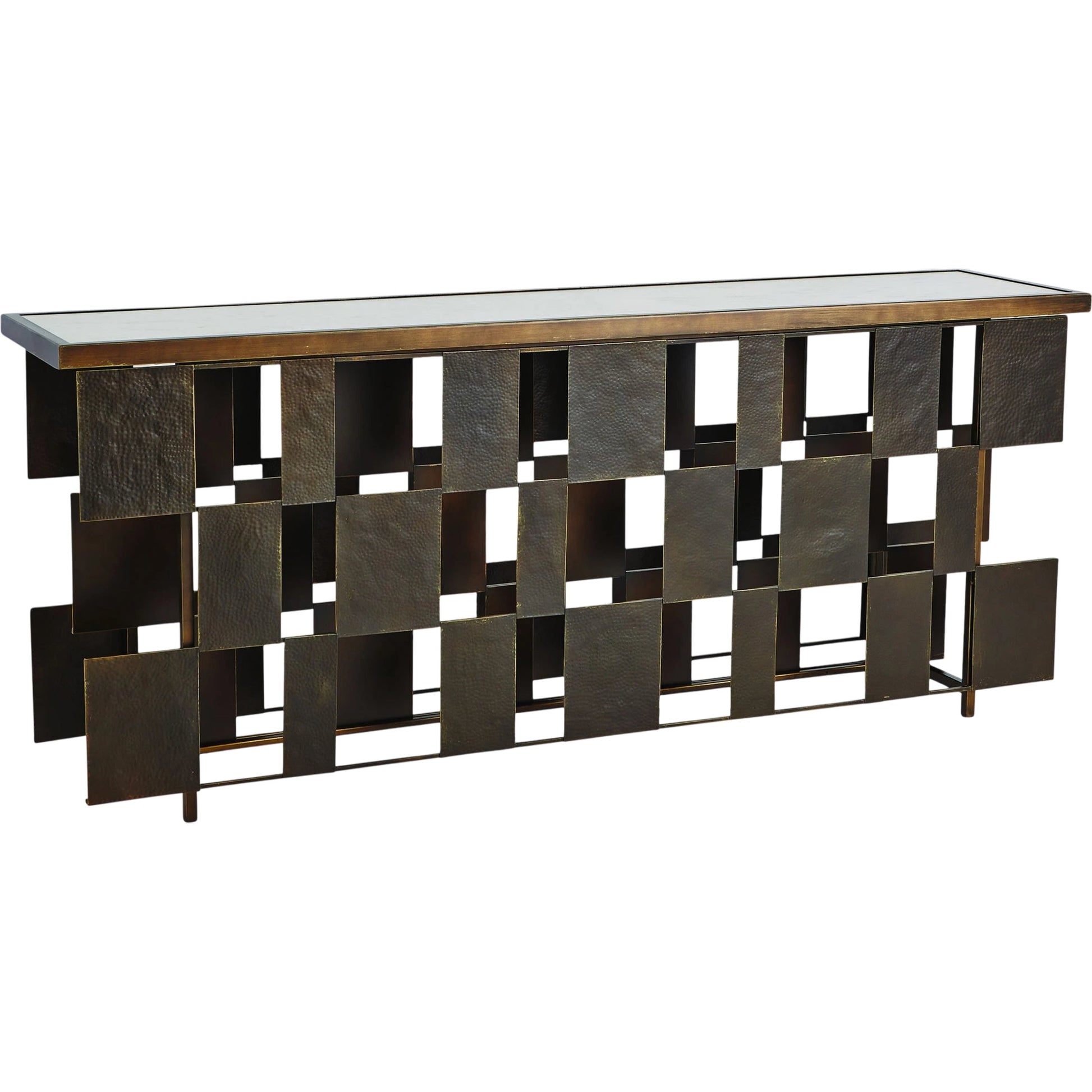 Layered Console by Global Views in bronze, gold. Made from iron, white honed marble in a eclectic & global style.