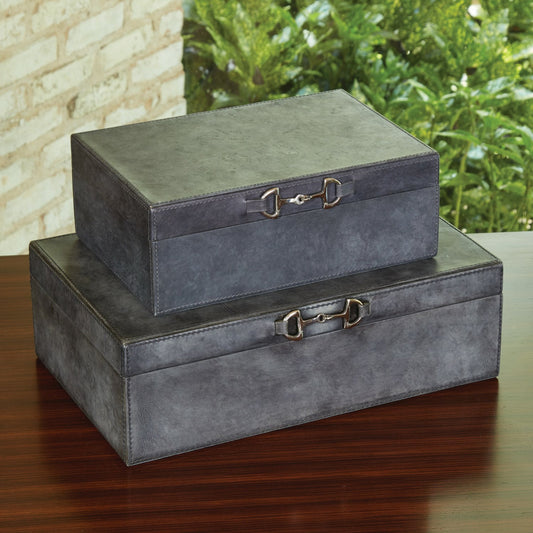 Stirrup Detail Box by Global Views in blue wash. Made from leather, polyester suede, stainless steel in a transitional style.