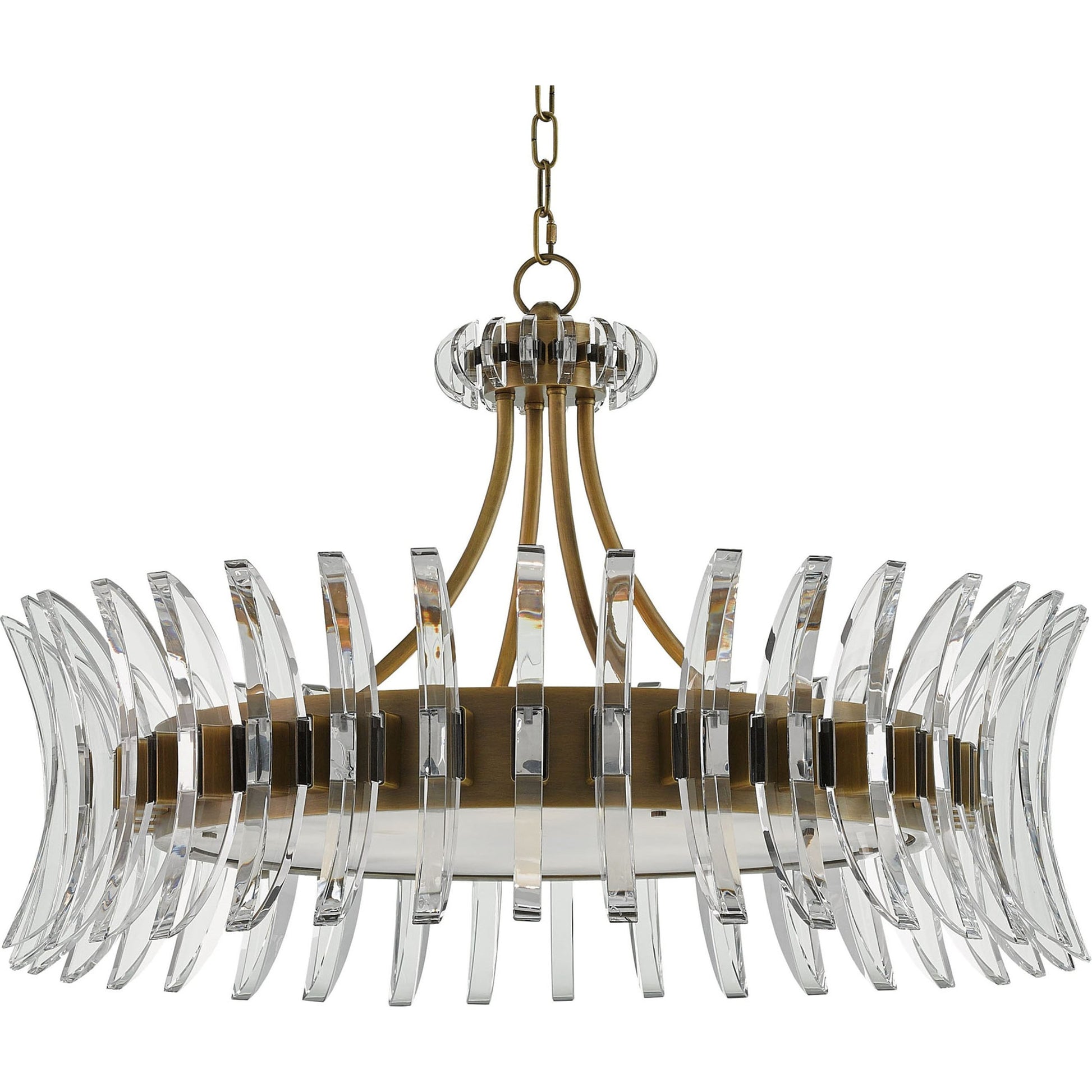 Coquette Brass Chandelier by Currey and Company in antique brass. Made from metal, crystal in a modern style.
