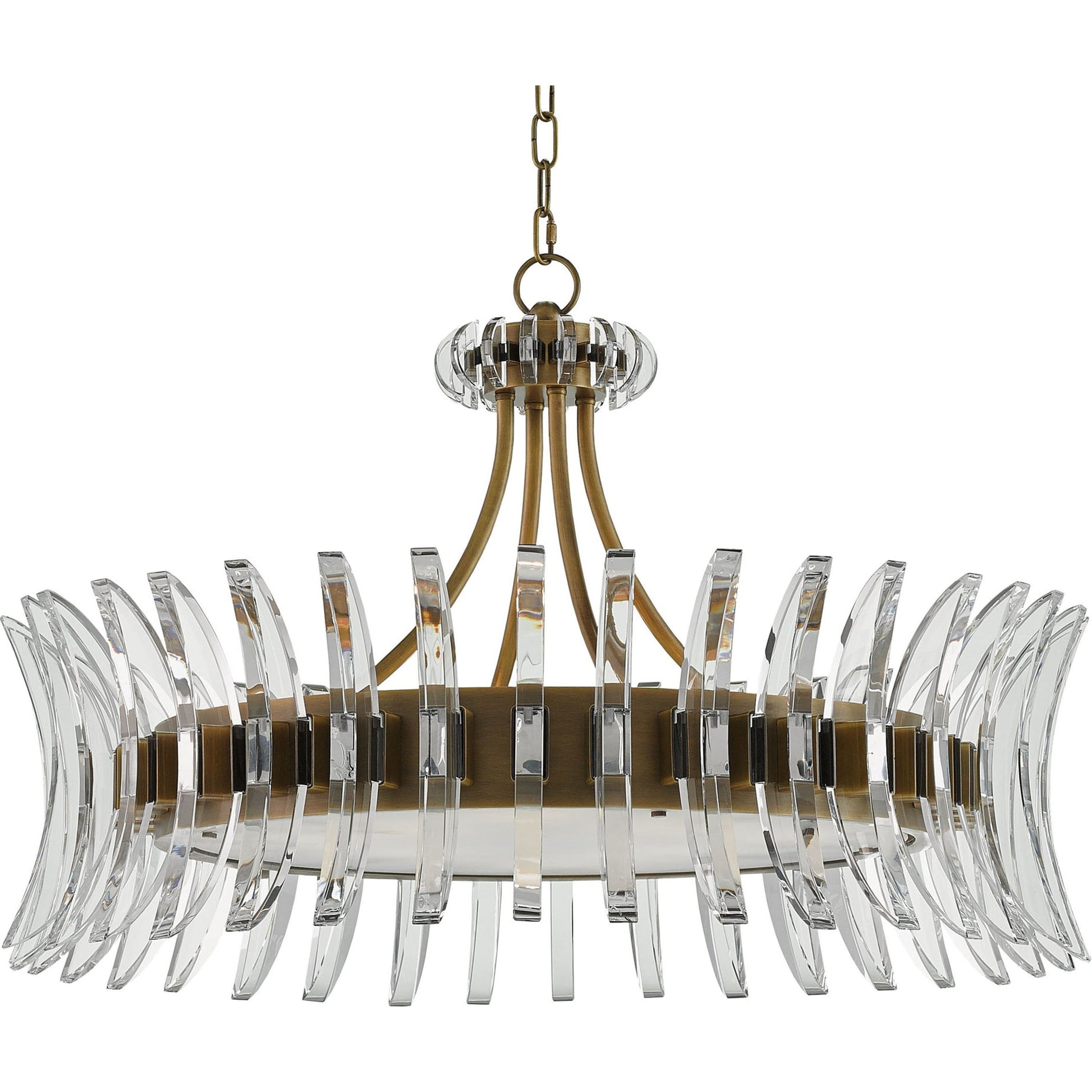 Coquette Brass Chandelier by Currey and Company in antique brass. Made from metal, crystal in a modern style.