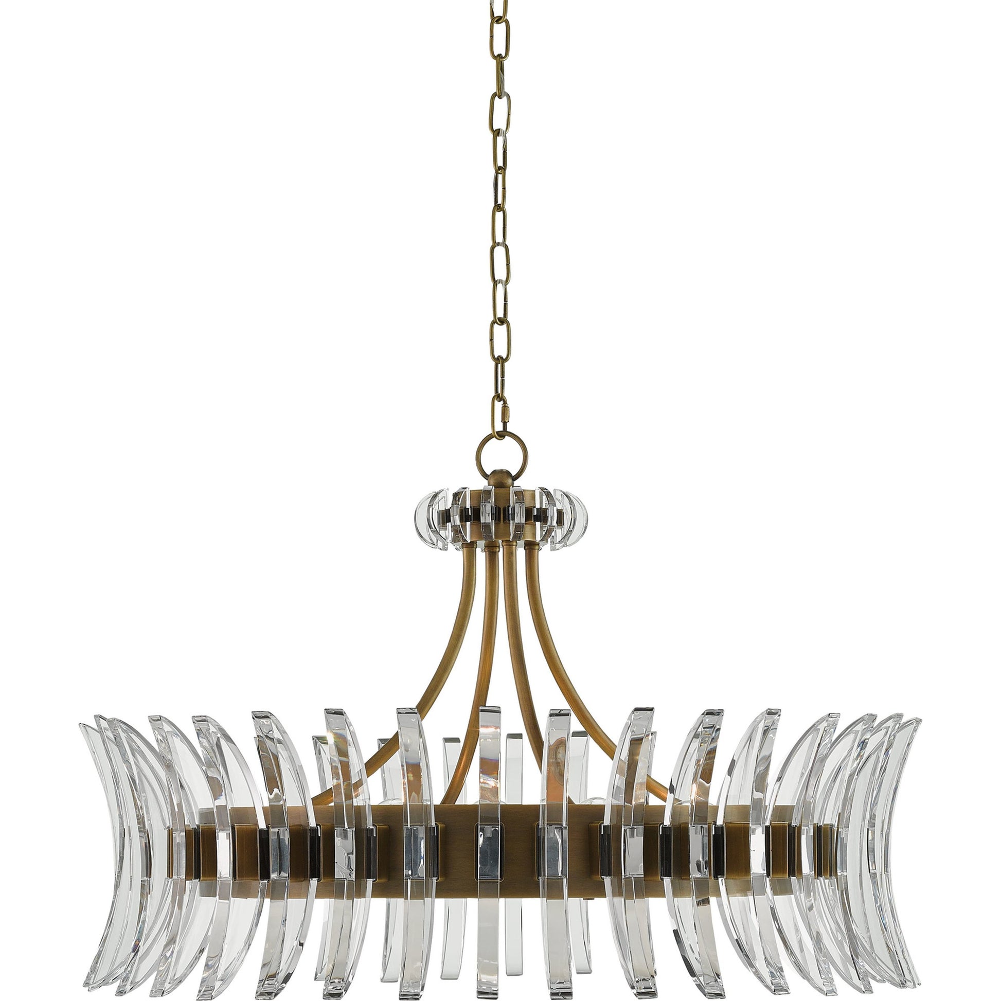 Coquette Brass Chandelier by Currey and Company in antique brass. Made from metal, crystal in a modern style.