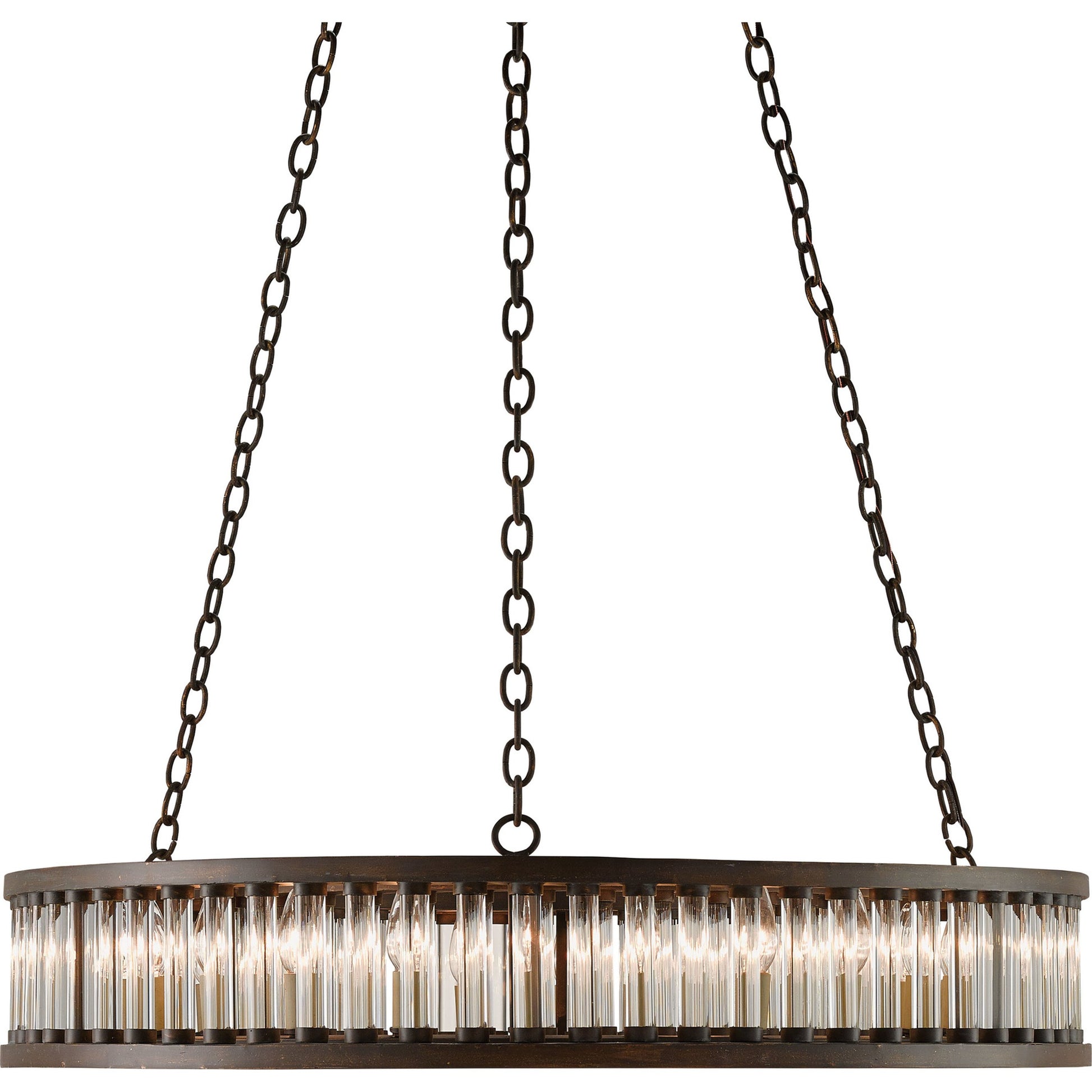 Elixir Round Chandelier by Currey and Company in bronze verdigris. Made from wrought iron, optic crystal in a rustic style.