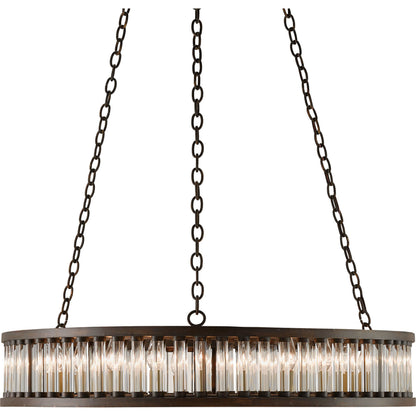 Elixir Round Chandelier by Currey and Company in bronze verdigris. Made from wrought iron, optic crystal in a rustic style.
