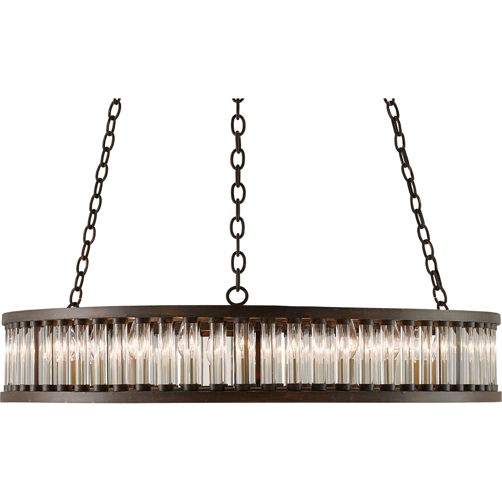 Elixir Round Chandelier by Currey and Company in bronze verdigris. Made from wrought iron, optic crystal in a rustic style.
