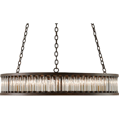 Elixir Round Chandelier by Currey and Company in bronze verdigris. Made from wrought iron, optic crystal in a rustic style.