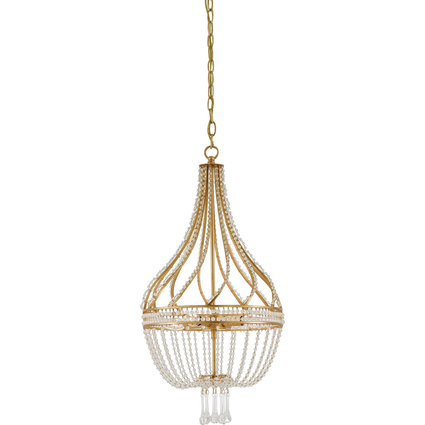 000 S-223532 | Additional Silo | Ingenue Chandelier by Currey and Company in antique gold leaf. Made from wrought iron, crystal in a traditional style.