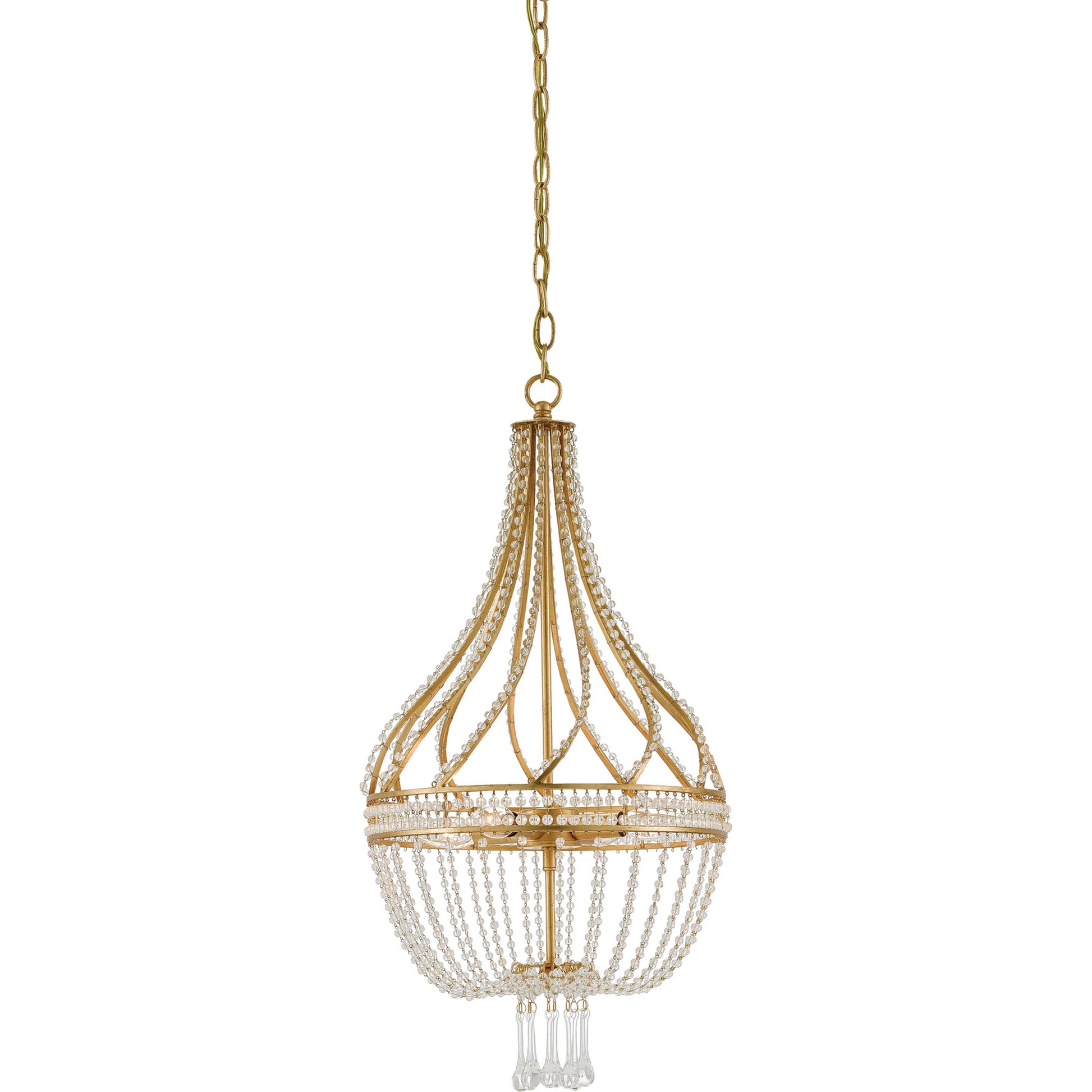 Ingenue Chandelier by Currey and Company in antique gold leaf. Made from wrought iron, crystal in a traditional style.
