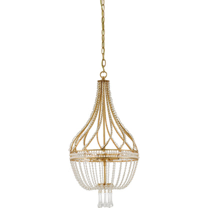 Ingenue Chandelier by Currey and Company in antique gold leaf. Made from wrought iron, crystal in a traditional style.