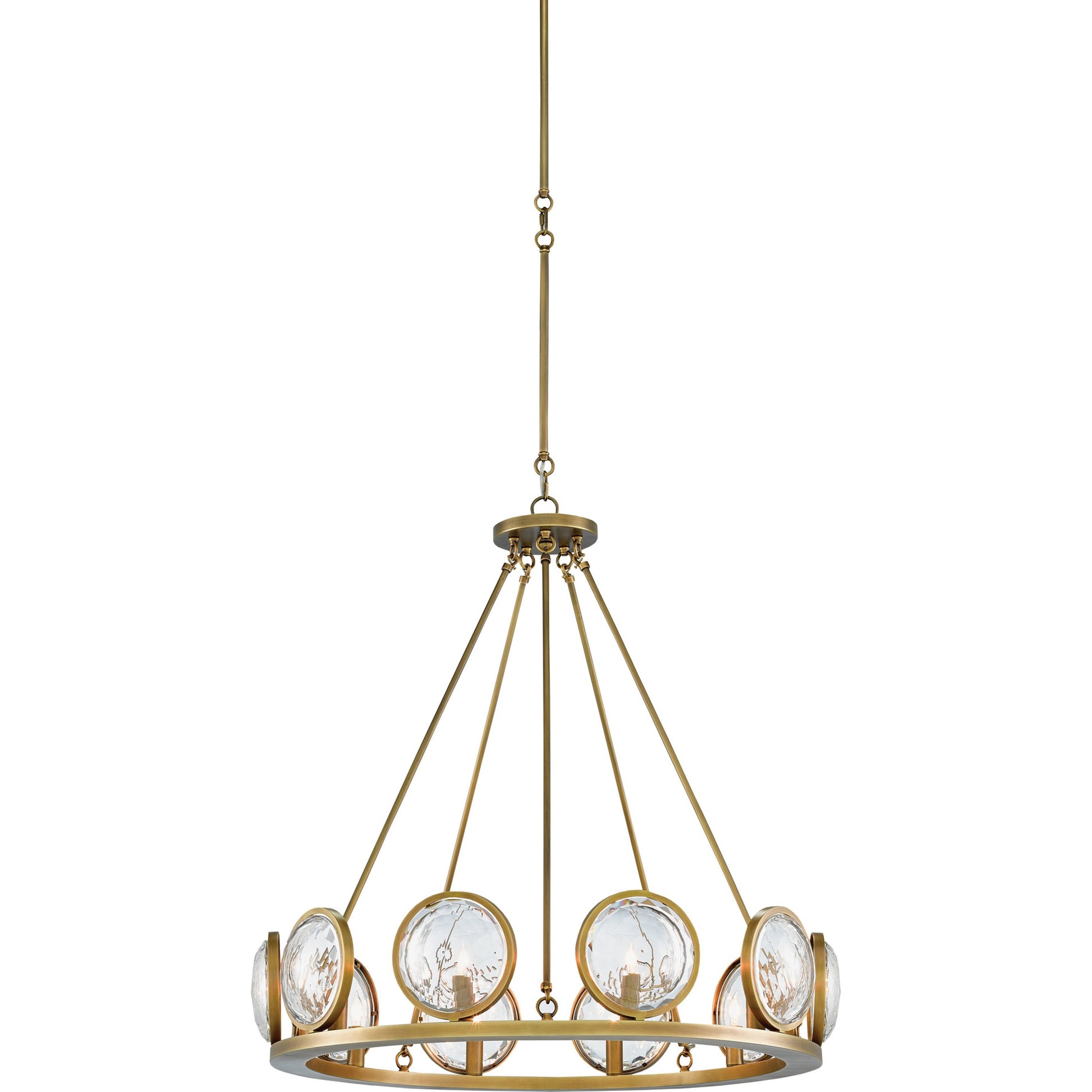 Marjiescope Chandelier by Currey and Company in antique brass. Made from metal, brass, prism optic crystal in a traditional style.