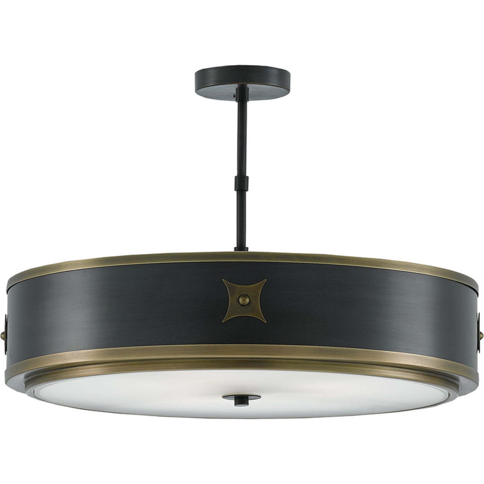 Huntsman Semi-Flush Mount by Currey and Company in satin black, antique brass, white. Made from brass, glass in a modern style.