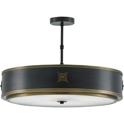 Huntsman Semi-Flush Mount by Currey and Company in satin black, antique brass, white. Made from brass, glass in a modern style.