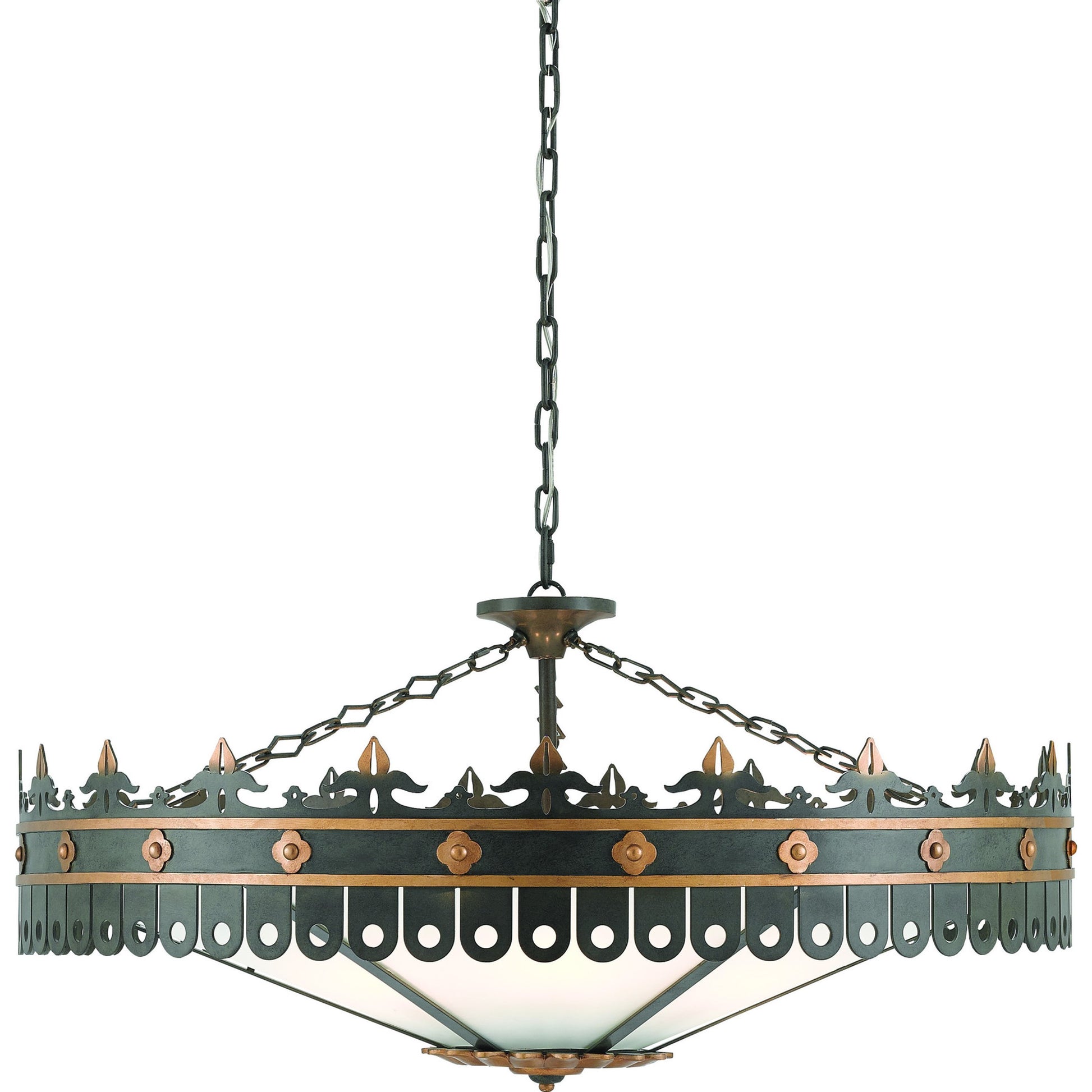 Berkeley Chandelier by Currey and Company in antique gold, moss gray. Made from wrought iron, acrylic in a traditional style.