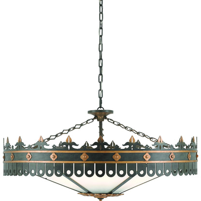 Berkeley Chandelier by Currey and Company in antique gold, moss gray. Made from wrought iron, acrylic in a traditional style.