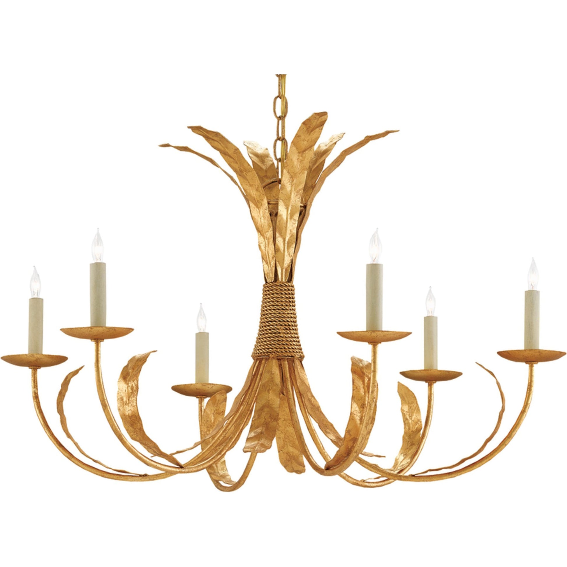 Bette Chandelier by Currey and Company in grecian gold leaf. Made from wrought iron in a traditional style.