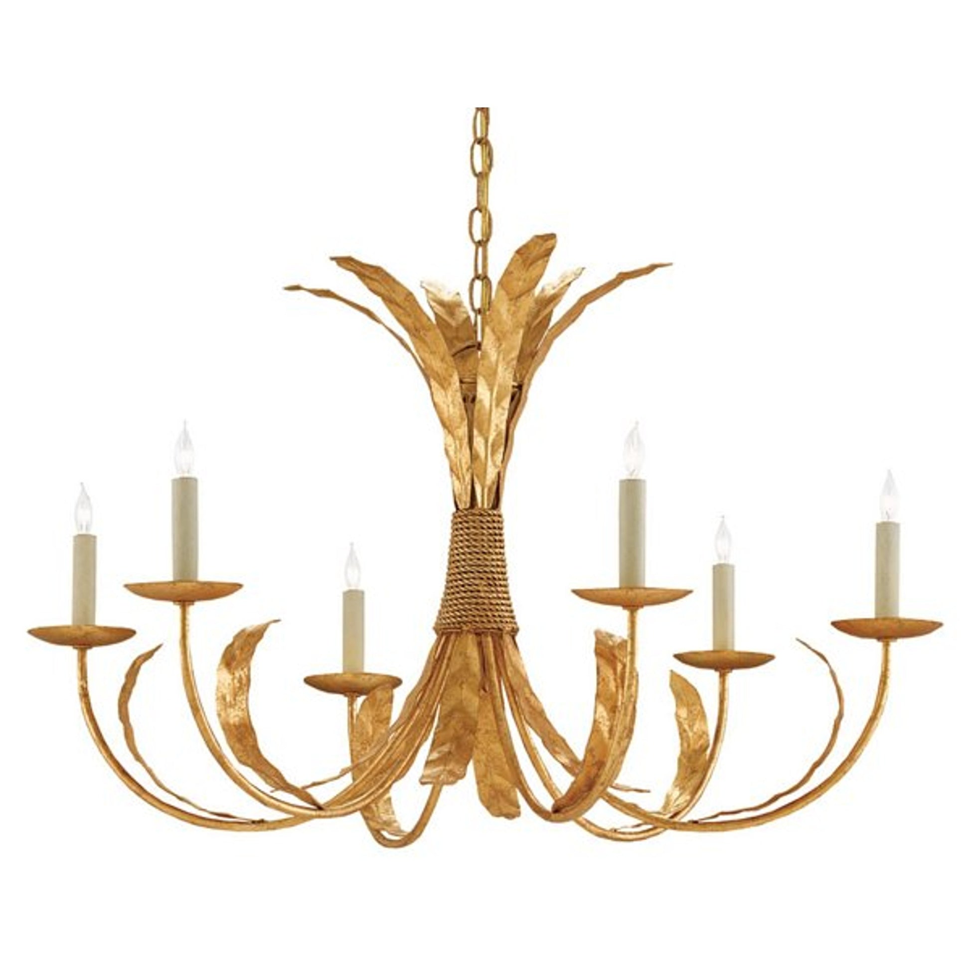Bette Chandelier by Currey and Company in grecian gold leaf. Made from wrought iron in a traditional style.
