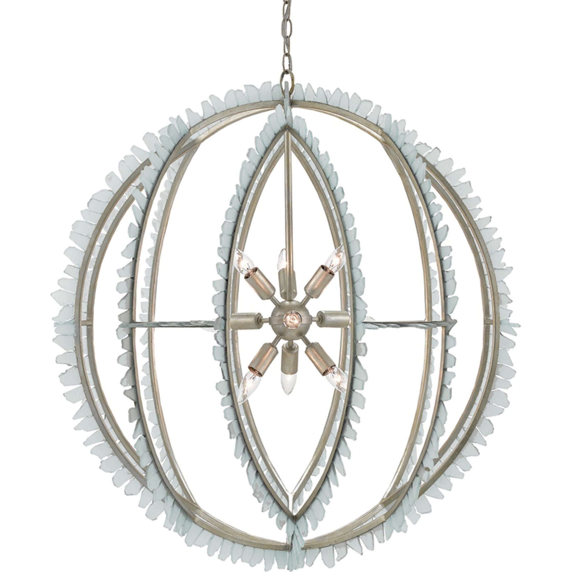 Saltwater Orb Chandelier by Currey and Company in contemporary silver leaf, seaglass. Made from wrought iron, glass in a coastal style.