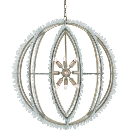 Saltwater Orb Chandelier by Currey and Company in contemporary silver leaf, seaglass. Made from wrought iron, glass in a coastal style.