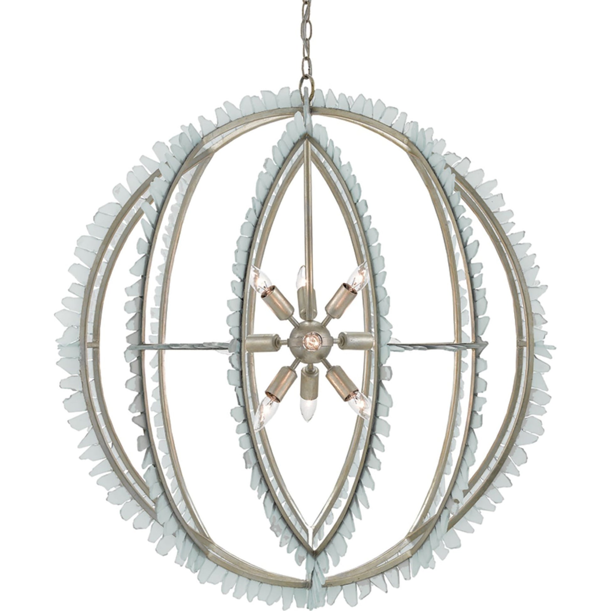 Saltwater Orb Chandelier by Currey and Company in contemporary silver leaf, seaglass. Made from wrought iron, glass in a coastal style.