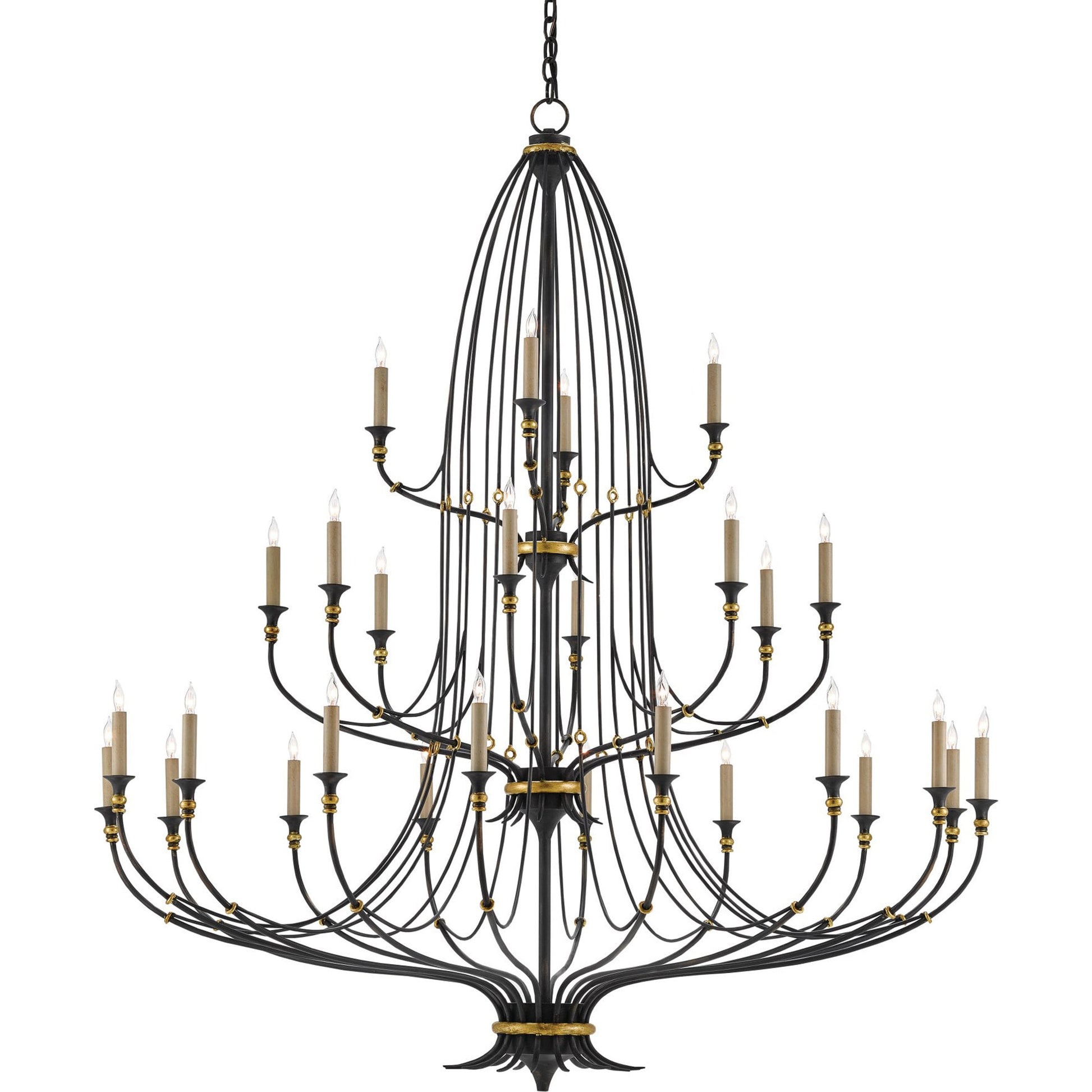Folgate Chandelier by Currey and Company in french black, gold leaf accents. Made from wrought iron in a traditional style.