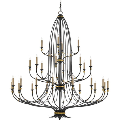 Folgate Chandelier by Currey and Company in french black, gold leaf accents. Made from wrought iron in a traditional style.