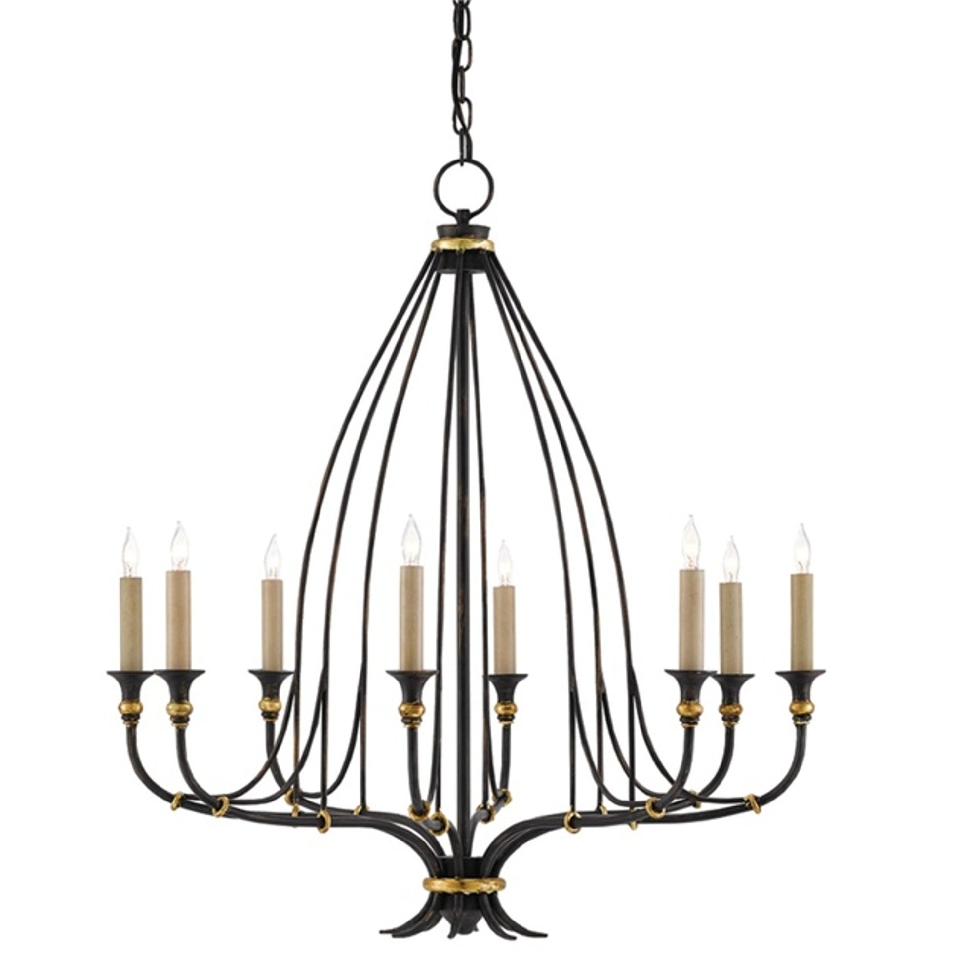 Folgate Chandelier by Currey and Company in french black, gold leaf accents. Made from wrought iron in a traditional style.