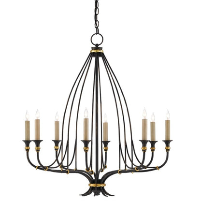 Folgate Chandelier by Currey and Company in french black, gold leaf accents. Made from wrought iron in a traditional style.