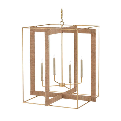 Purebred Chandelier by Currey and Company in contemporary gold leaf, natural abaca. Made from wrought iron, rope in a modern style.