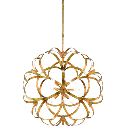 Sappho Orb Chandelier by Currey and Company in new gold leaf. Made from wrought iron in a modern style.
