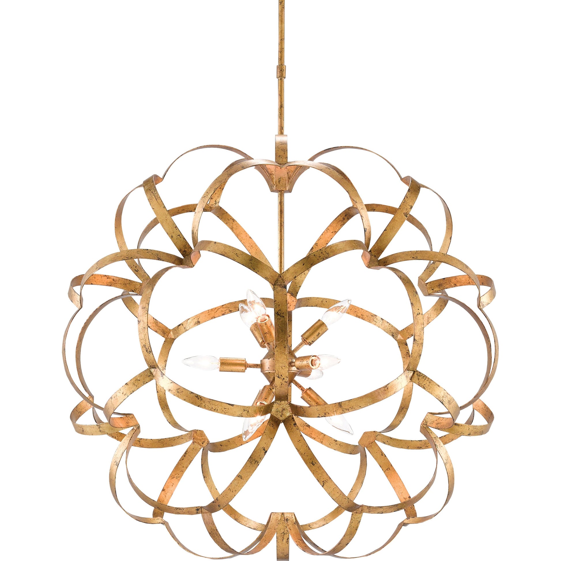 Sappho Orb Chandelier by Currey and Company in new gold leaf. Made from wrought iron in a modern style.
