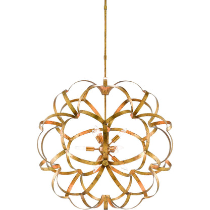 Sappho Orb Chandelier by Currey and Company in new gold leaf. Made from wrought iron in a modern style.