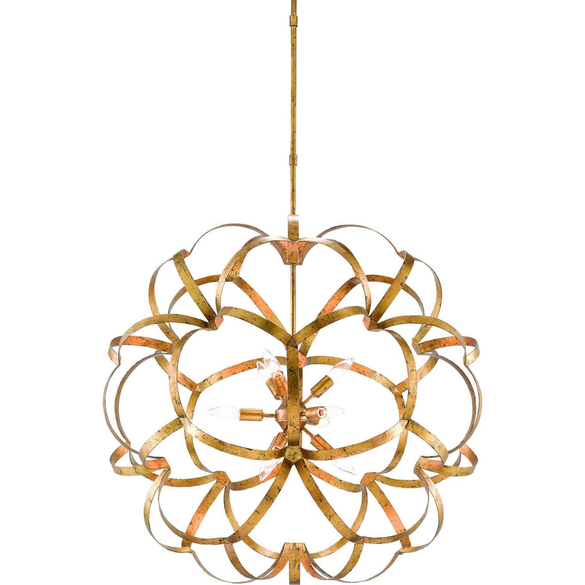 Sappho Orb Chandelier by Currey and Company in new gold leaf. Made from wrought iron in a modern style.