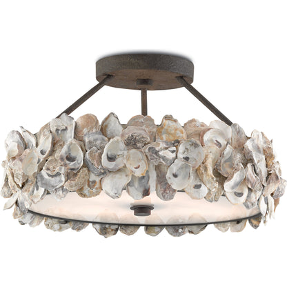 Oyster Semi-Flush by Currey and Company in textured bronze, natural, frosted glass. Made from wrought iron, oyster shell, glass in a coastal style.