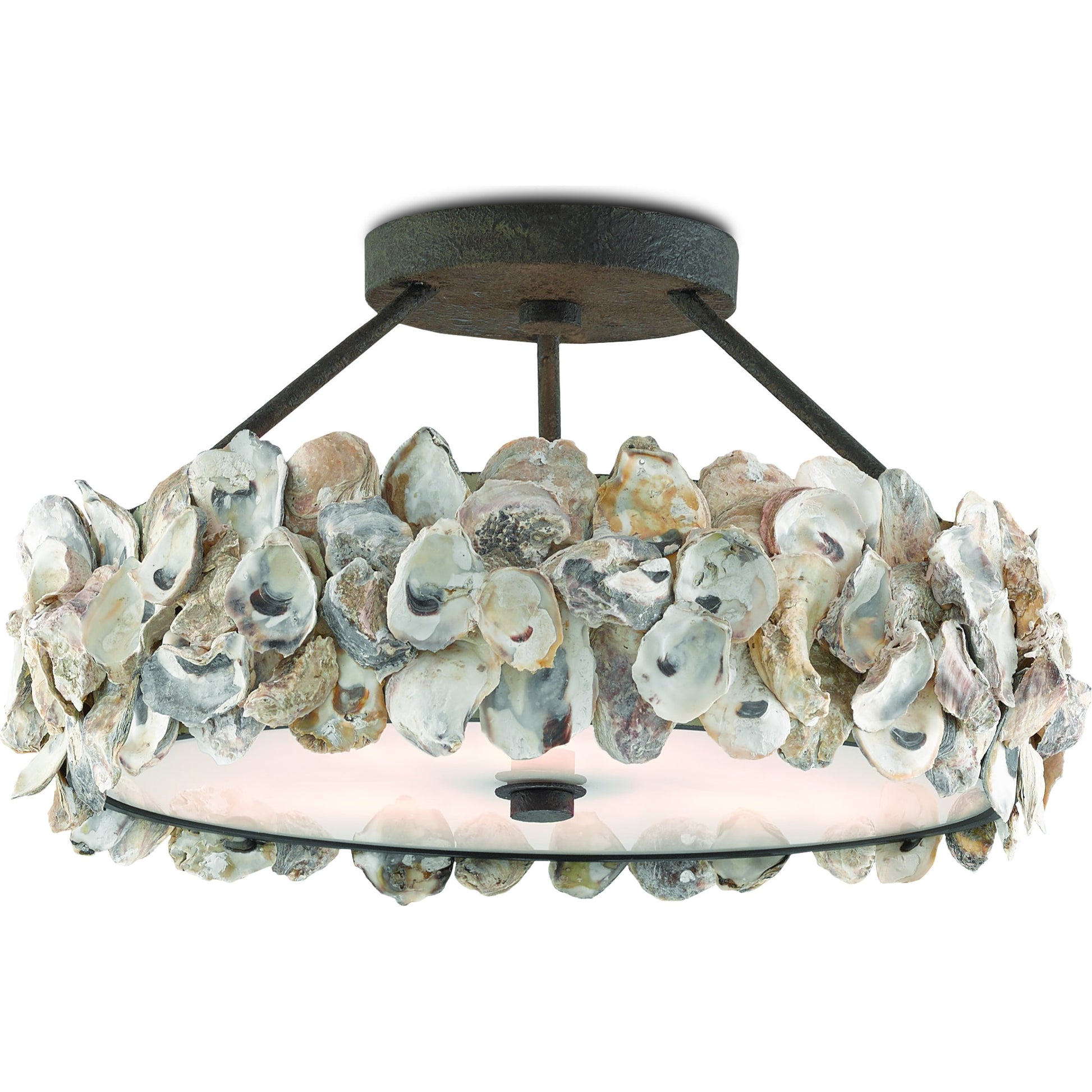 Oyster Semi-Flush by Currey and Company in textured bronze, natural, frosted glass. Made from wrought iron, oyster shell, glass in a coastal style.